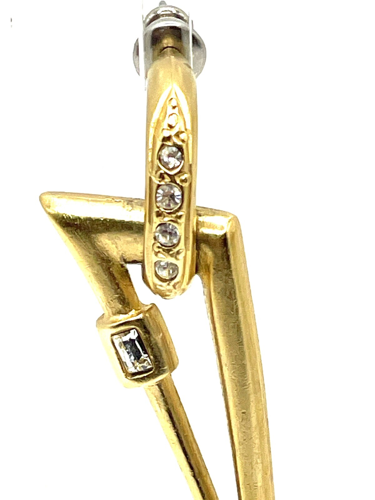 Vintage Jackie Collins Brushed Gold Rhinestone Geometric Drop Dangle Earrings 2”