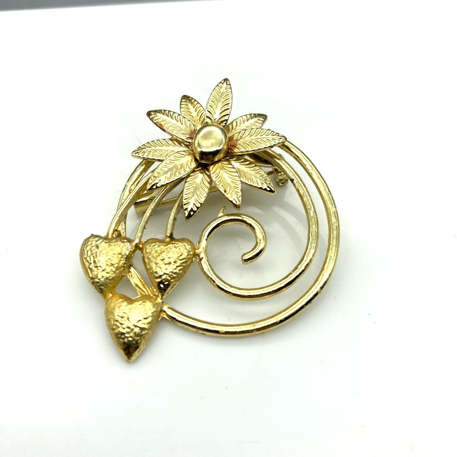 Vintage Hearts and Flowers Brooch, Gold Tone MCM Spiral Lapel Pin