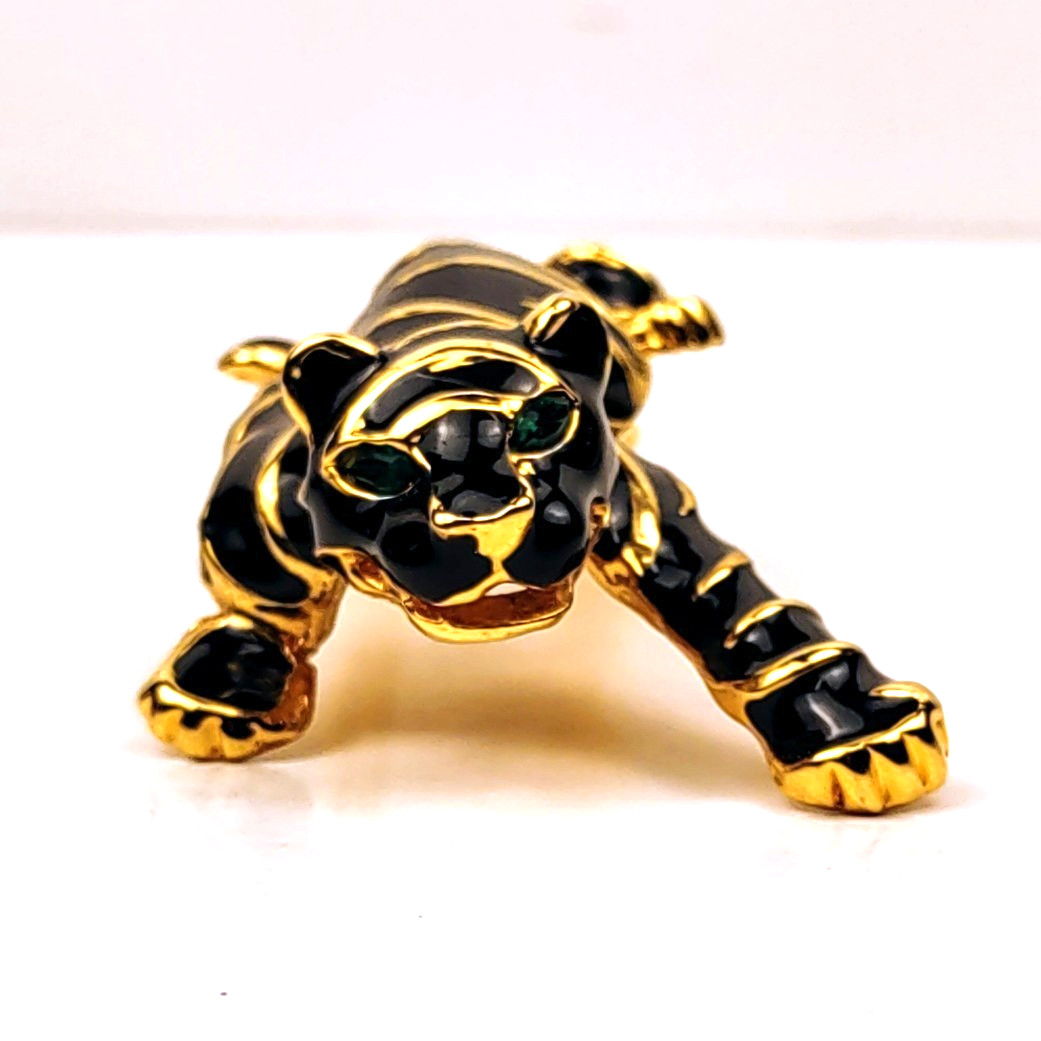 Tiger Brooch Black Enamel Gold Colored Metal Stripes Green Rhinestone Eyes 4.5″