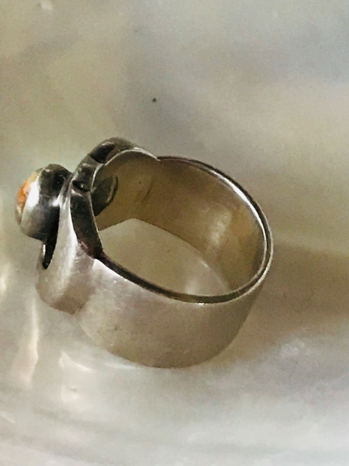 Old Pawn 925 Marked Wide Silver Band w Oval Earthtones Stone Ring Currently Size