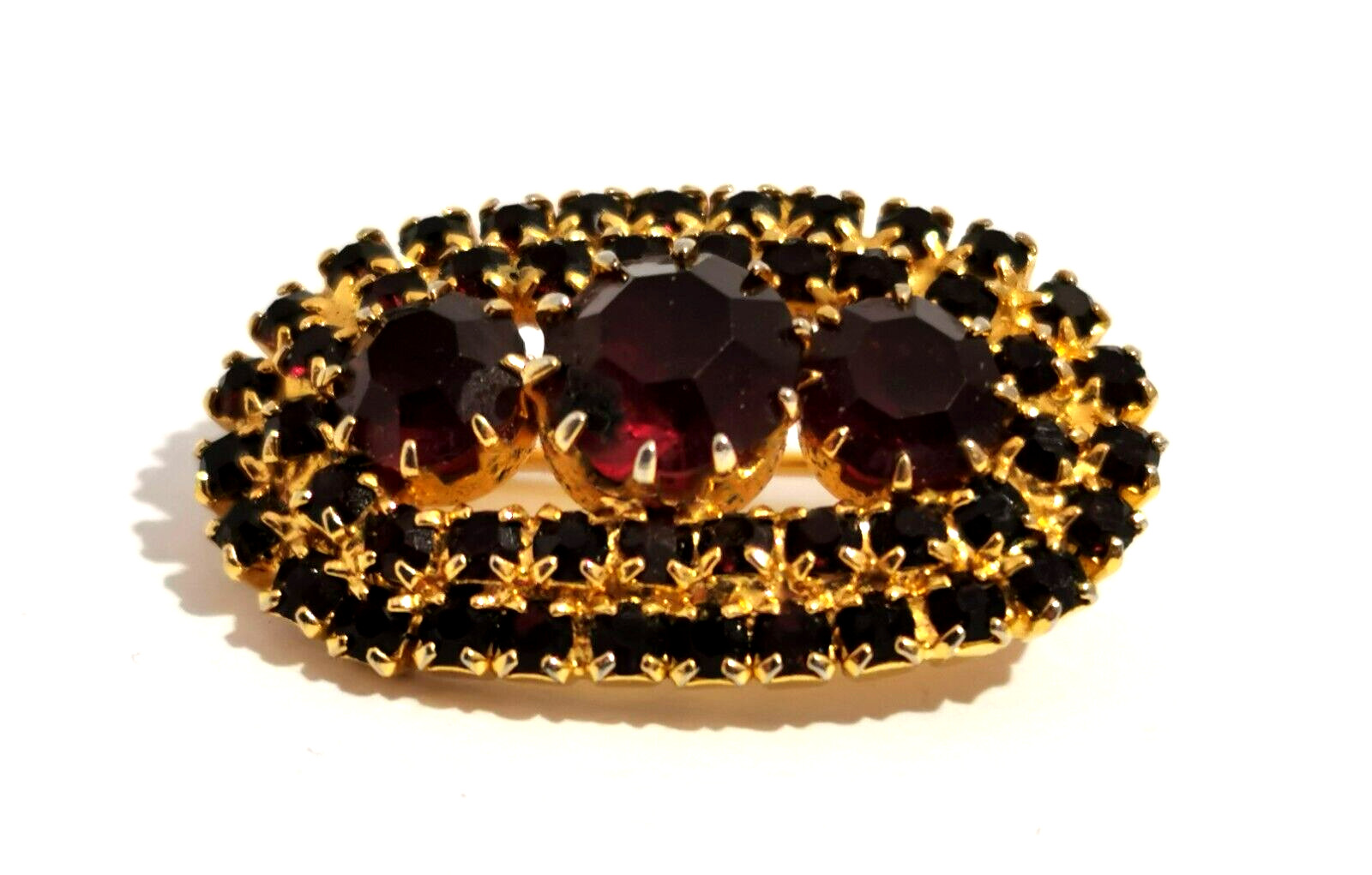 Vintage Czech Brooch Dark Red Rhinestones Glass Handmade Elliptical Shape Design
