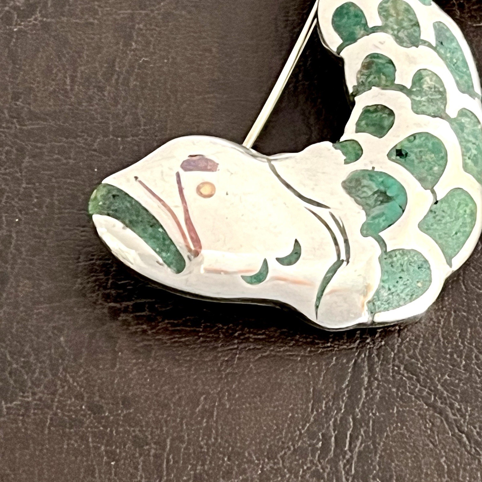 Vintage Los Castillo sterling silver crushed stone inlay fish pendant or brooch