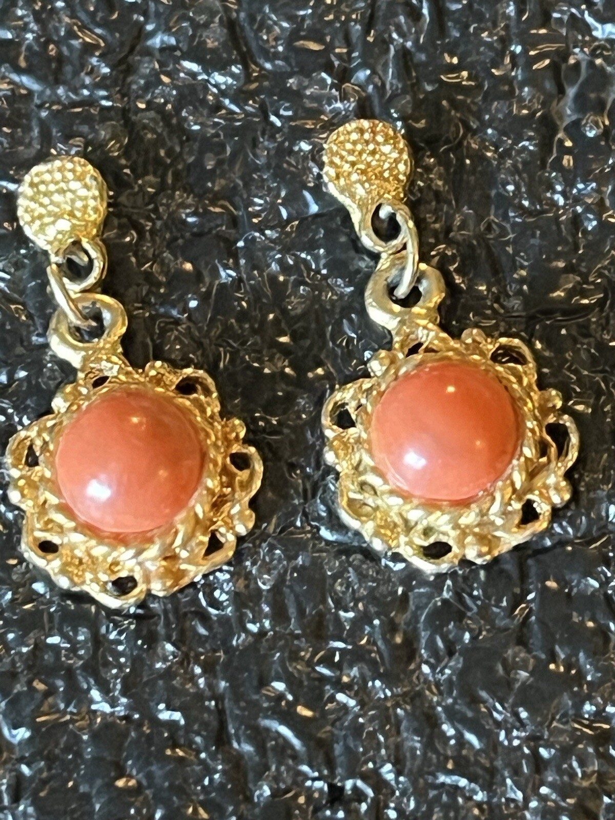 Pierced Earrings. Unknown Metal Or Stones Corral Color Stone Gold Tone Metal