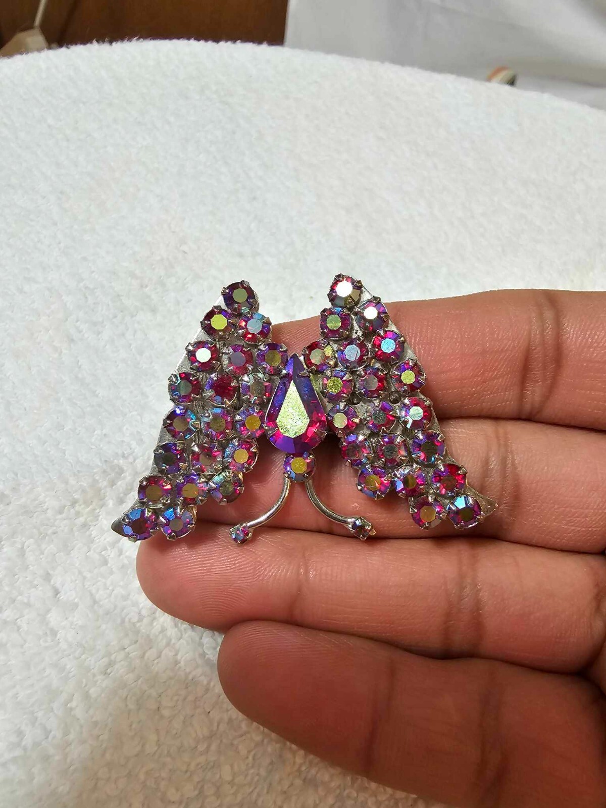 RARE Vtg Warner Brooch Pin Silvertone Butterfly w/ AB Fuchsia Red- Sparkling