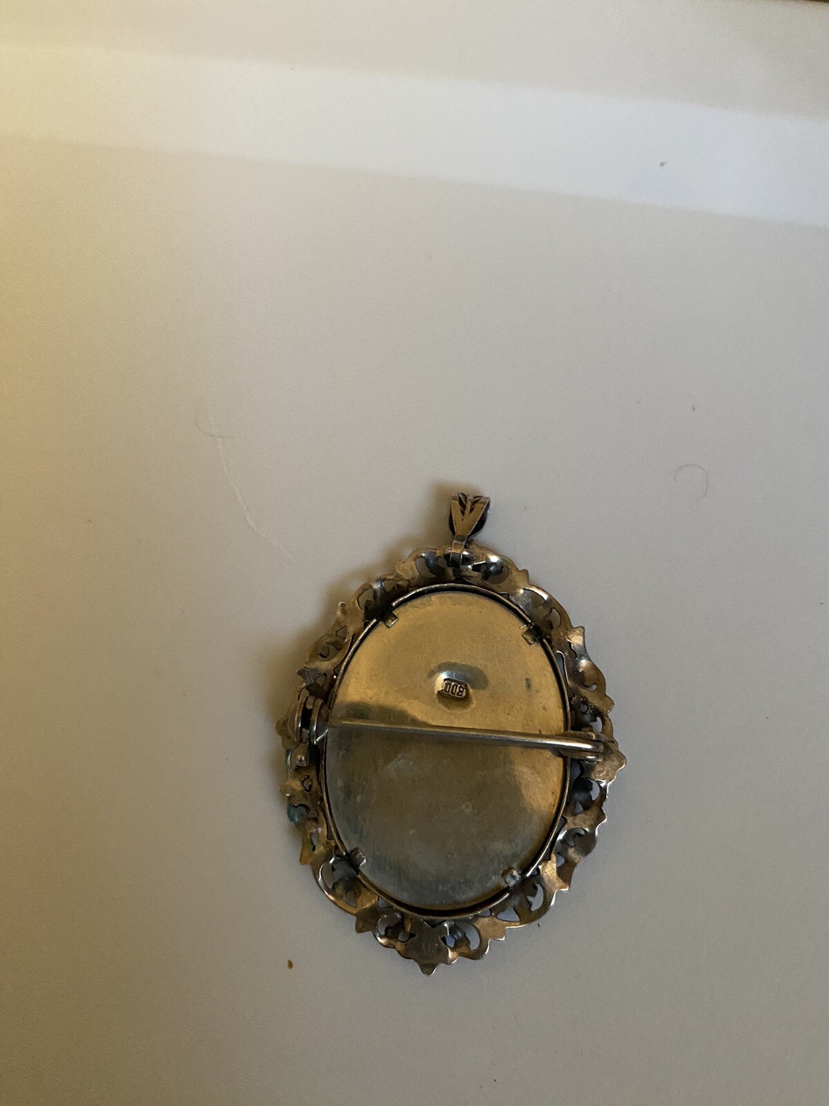 Vintage 800 Silver Filigree Blue Glass Hand Painted Portrait Brooch or Pendant