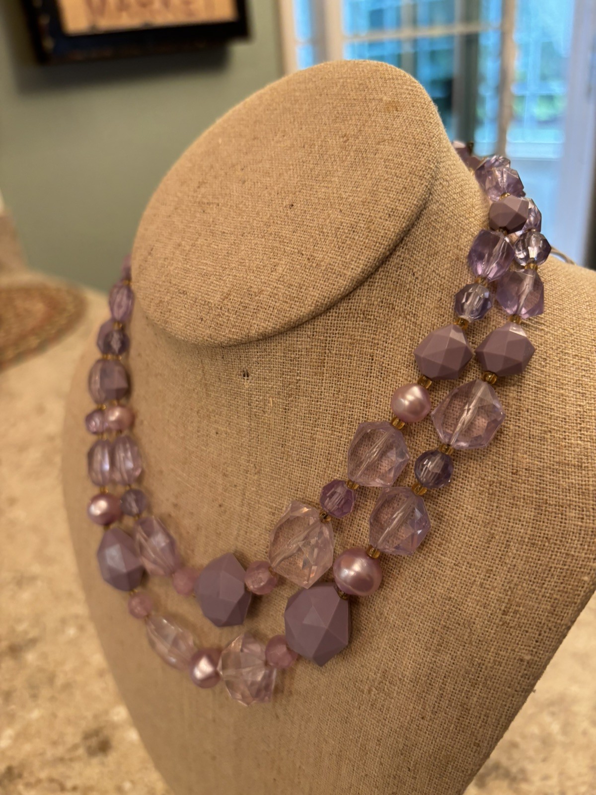 Vintage 50’s-60’s 2 Strand Plastic Lilac Beaded Choker Necklace 13 1/2 Inch
