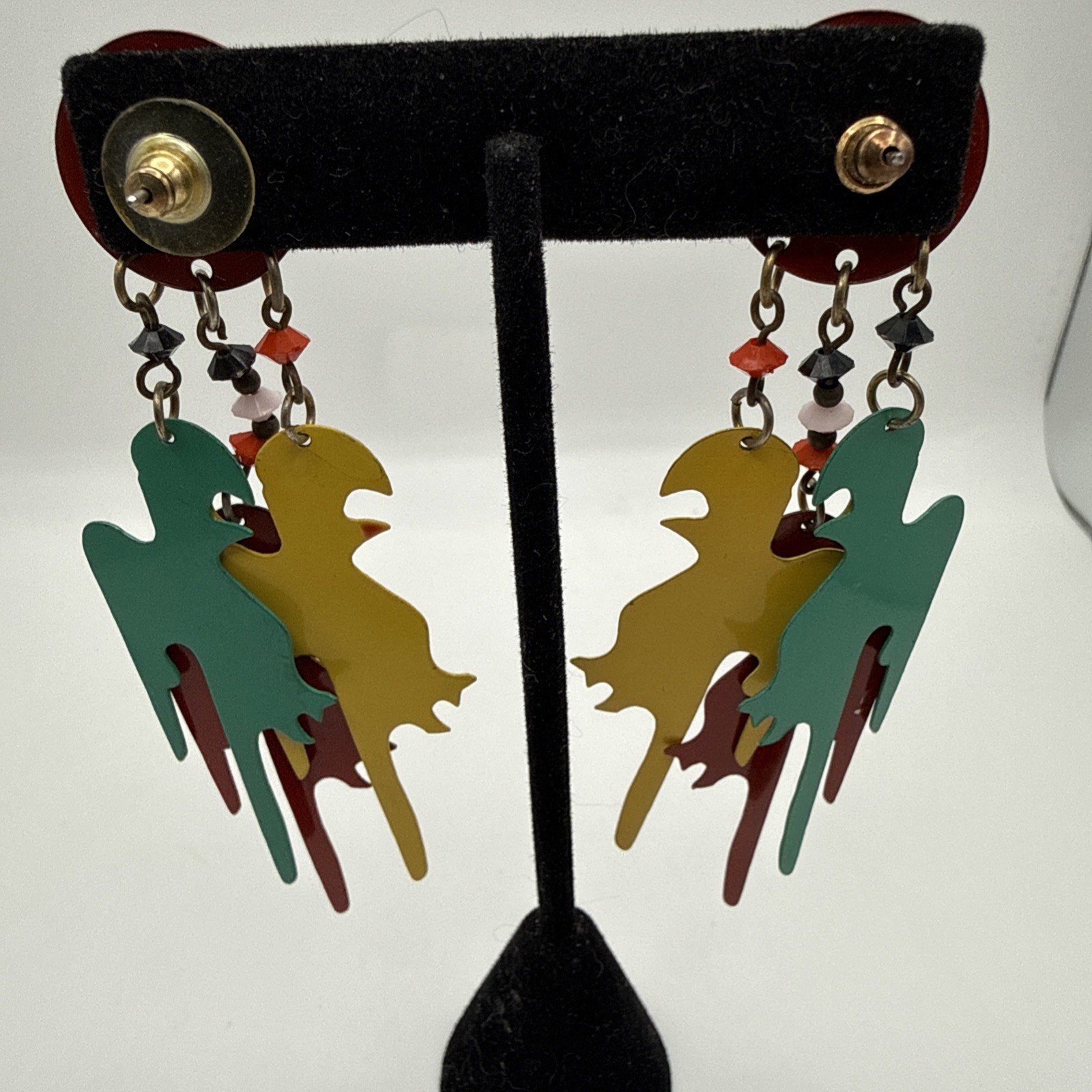 Vintage Dangle Enameled Parrot Earrings 4”