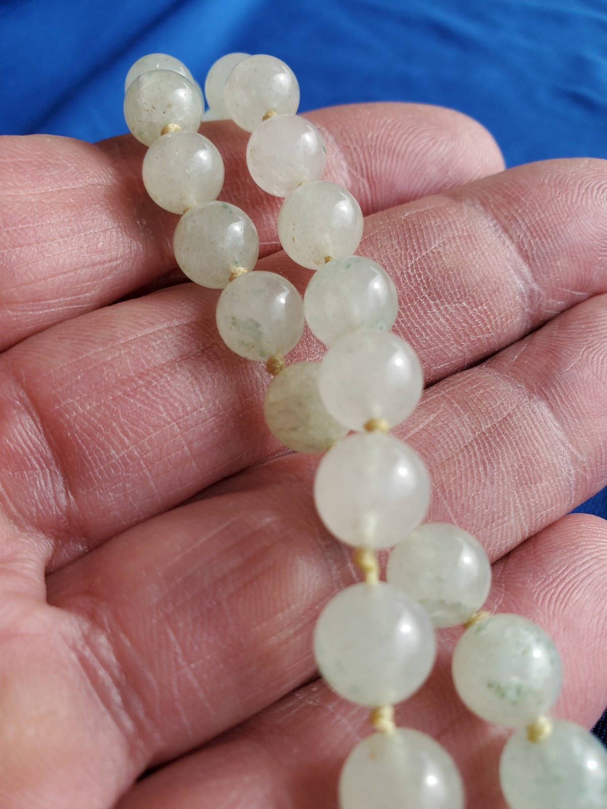 Original Old JADE White Green 8 Millimeters Deco Necklace Vintage 30″ inch Long