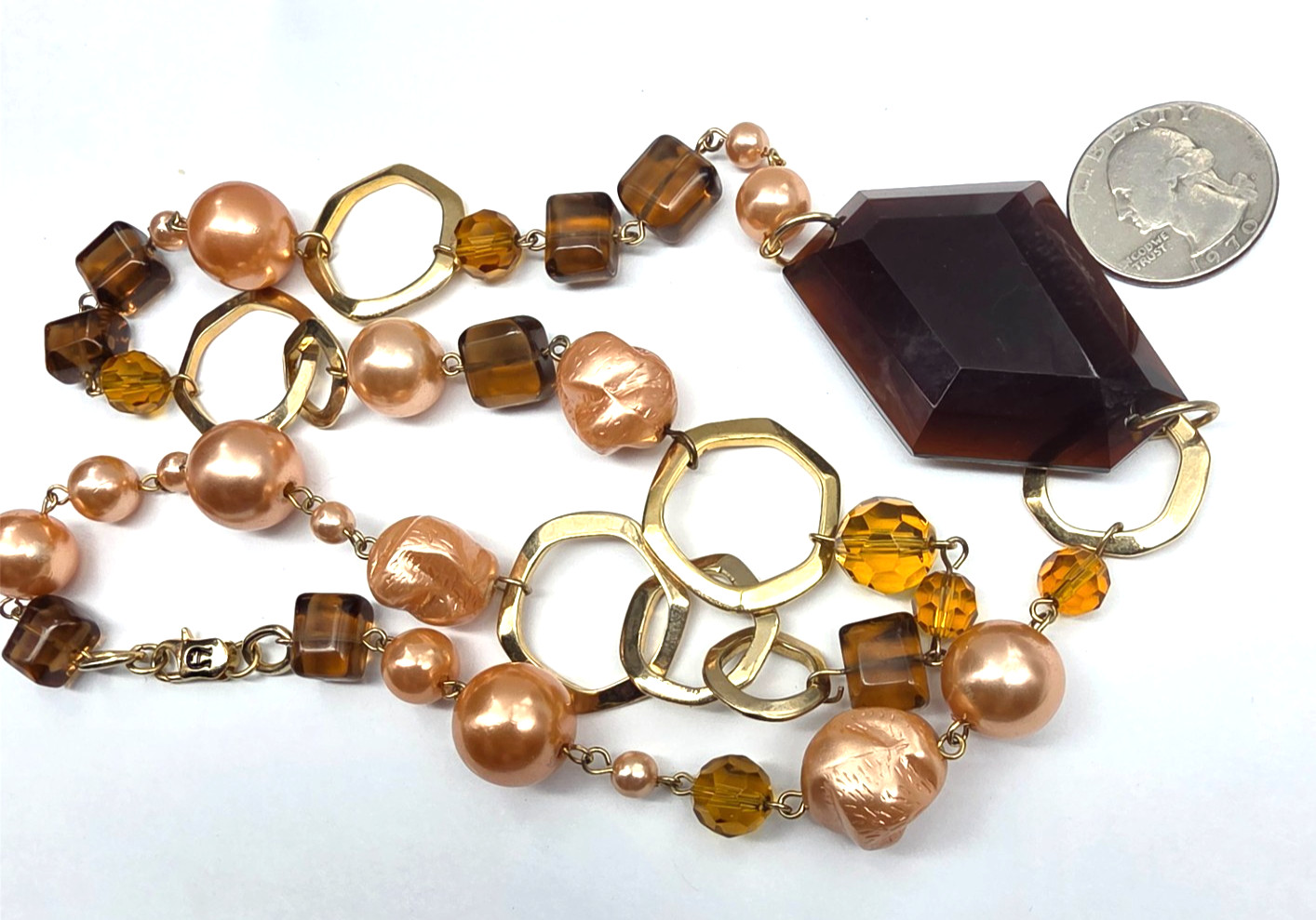 Signed Etienne Aigner Peach Faux Pearl Crystal Amber Acrylic Necklace Vintage
