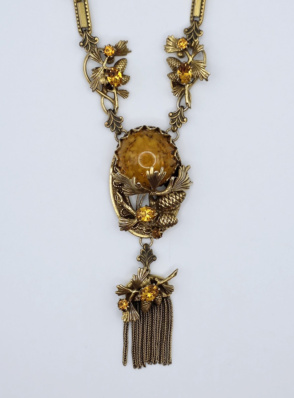 Vintage Germany Amber Glass Cabochon Tassel Pendant Necklace Rhinestone Leaf