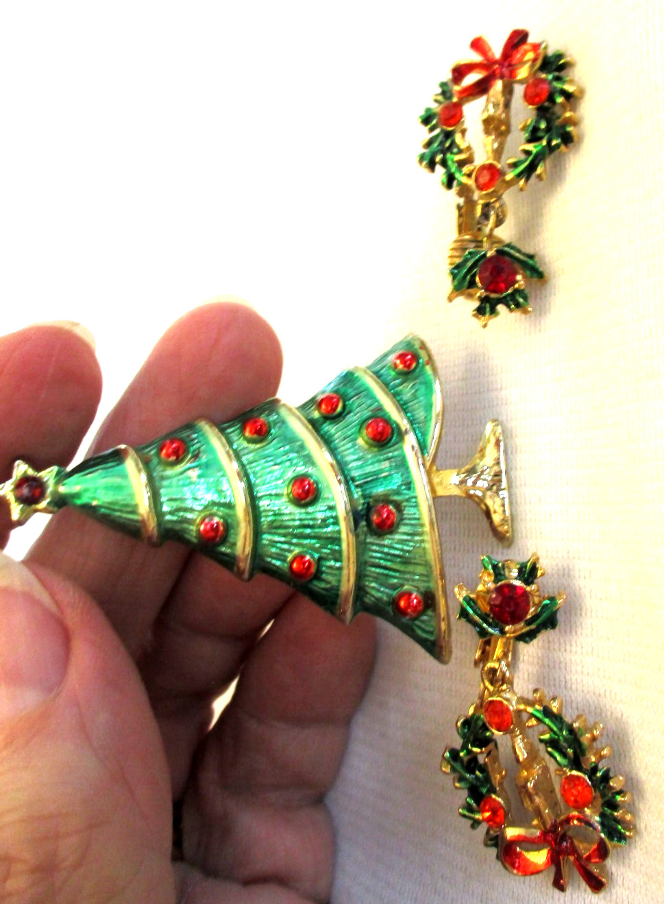 Vtg Enamel & Red Rhinestone BROOCH Christmas Tree & RS Clip EARRINGS