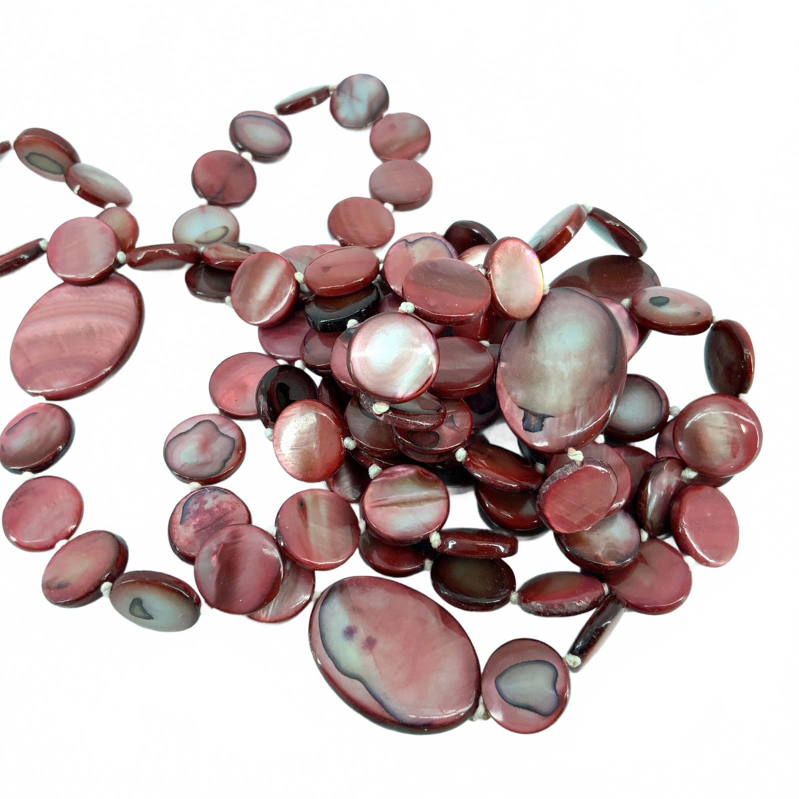 Vintage Shell Discs Flapper Necklace Red Iridescent Long Knotted Bead Strand