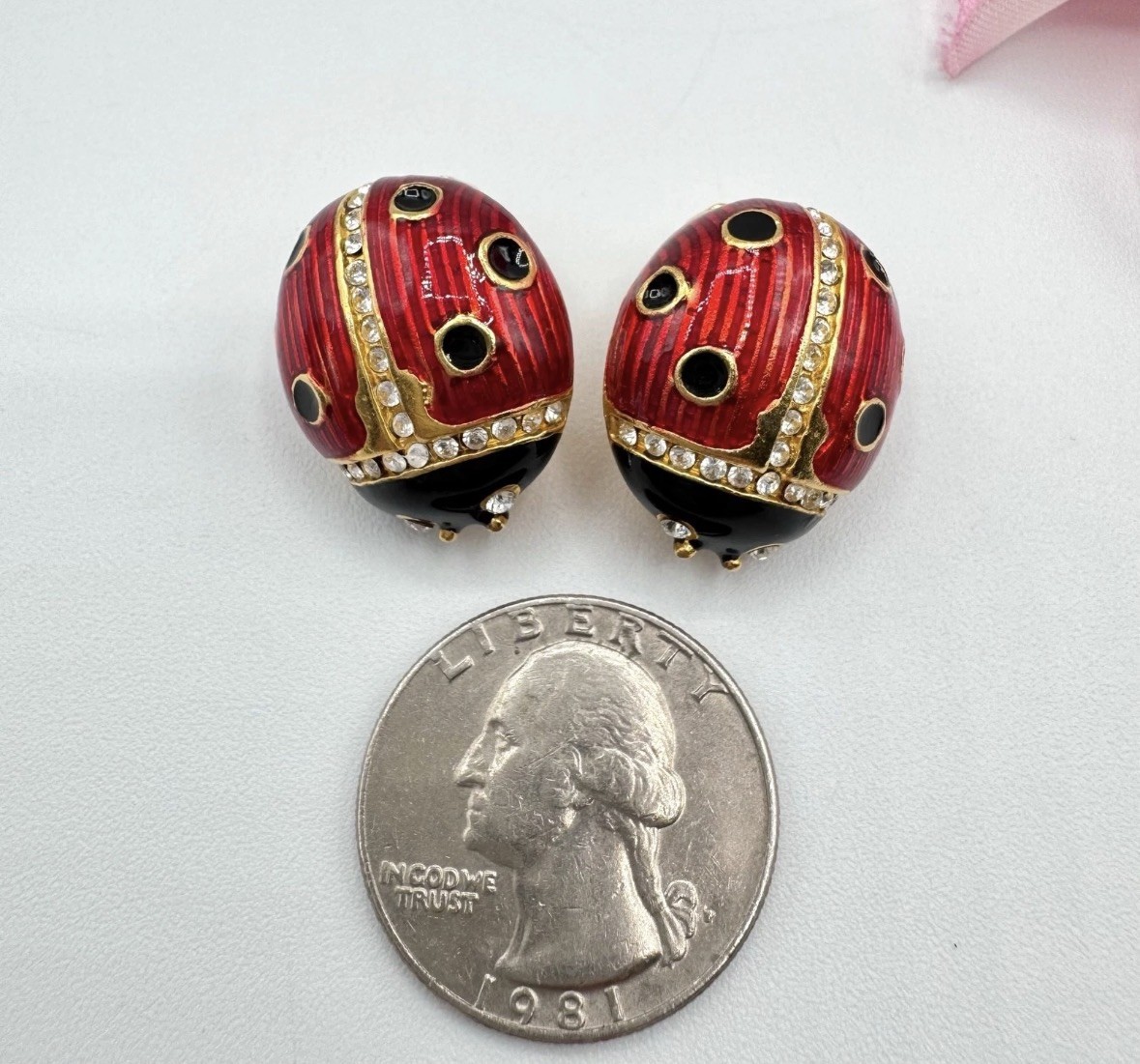 Vintage Signed MULTILANA Red Enamel Ladybug Clip On Earrings Lucky Bug Pair