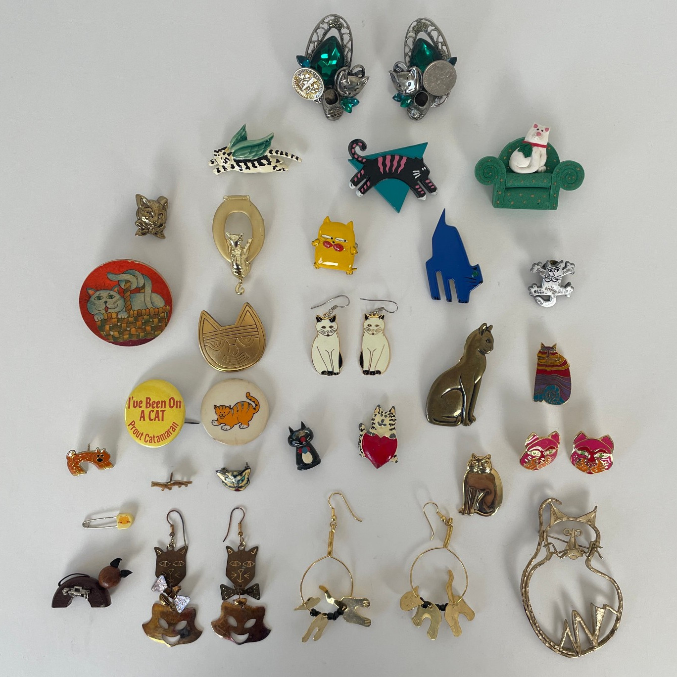 Vtg WHIMSICAL CAT Brooch Lot 50s 70s 80s Jewelry Artisan Burch Pinback Earrings