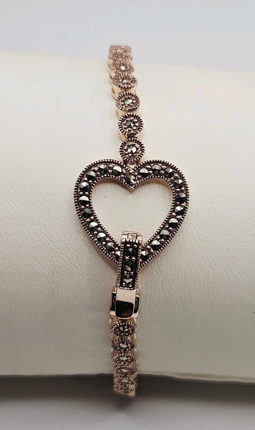 Kit Heath Sterling Silver Rose Gold Vermeil Marcasite Heart Clasp Bracelet 8″