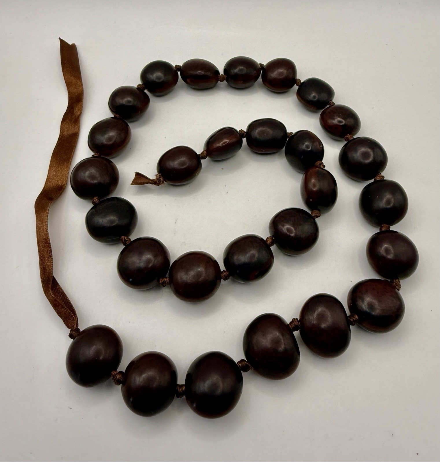 Vintage Long Chunky Brown Tagua Nut Bead Necklace Boho Tribal Hand Knot Ribbon
