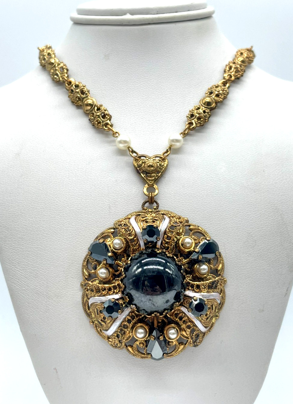 VTG W. Germany Ornate Hematite Glass Cabochon Gold tone brass filigree necklace