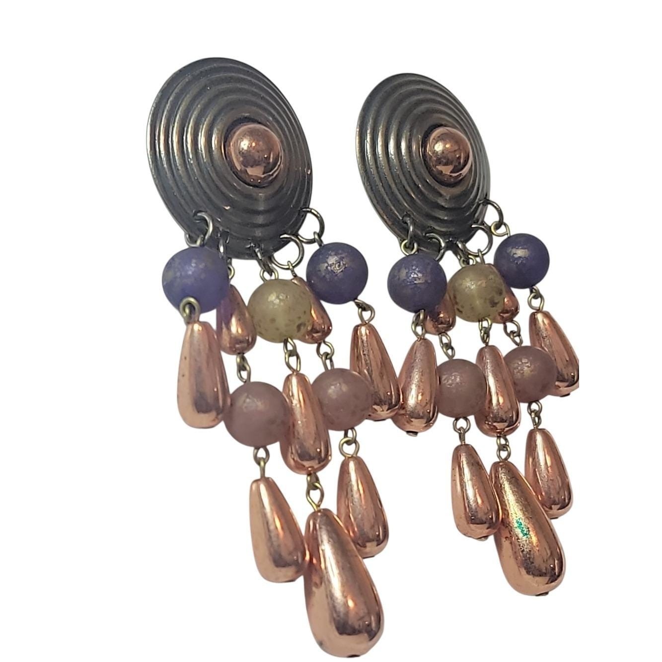 Vintage Mixed Metal Copper Chandelier Earrings Boho Acrylic Bead Dangle