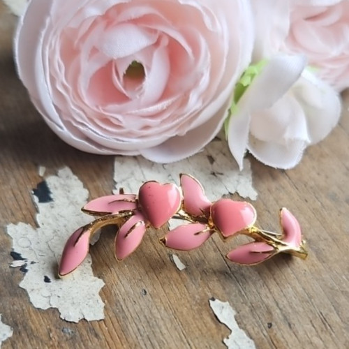 Vintage Pink Enamel Hearts and Leaves Branch Brooch Pin Branch Dusty Rose