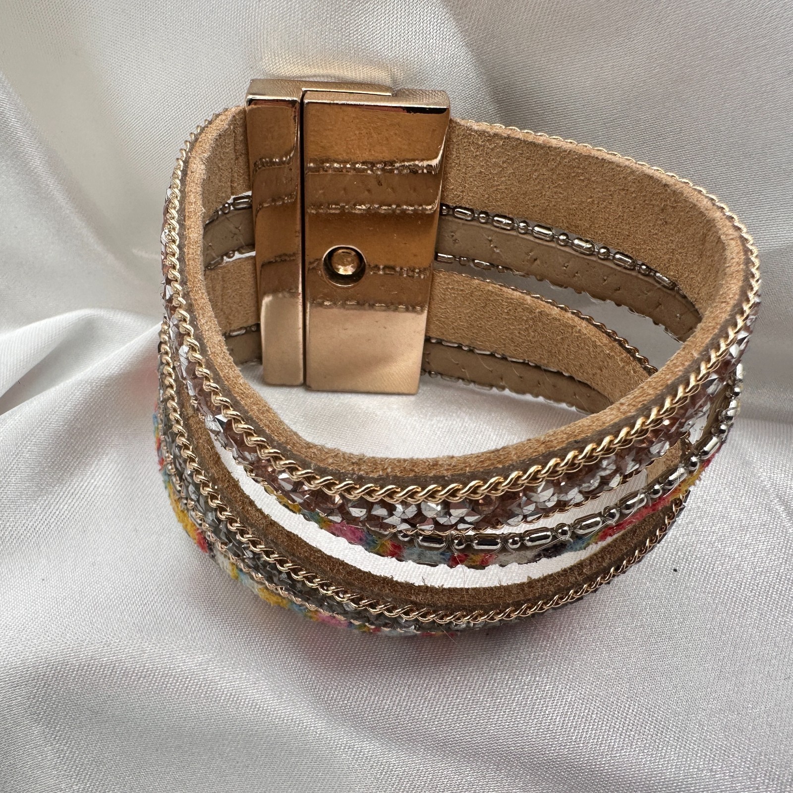 Vintage 90s Multi-Strand Wrap Bracelet Glass Fabric Statement Fashion Jewelry