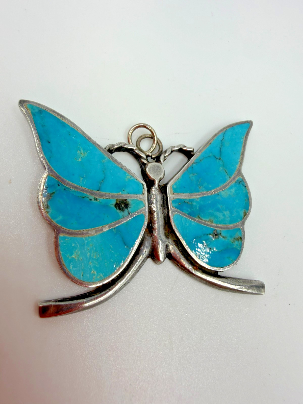 Vintage Butterfly Pendant Turquoise Inlay Sterling Silver 2 Inches 16 gram