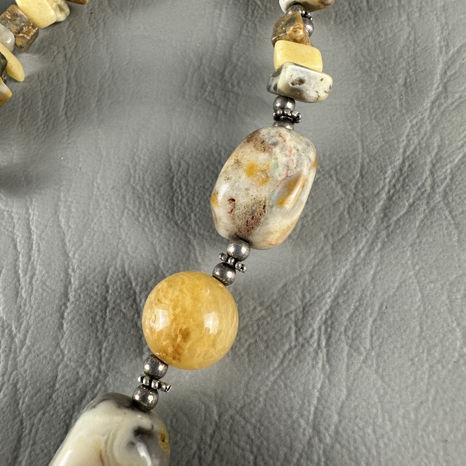 Vintage CW Sterling Silver Stone Bead Necklace Yellow Gray 16″