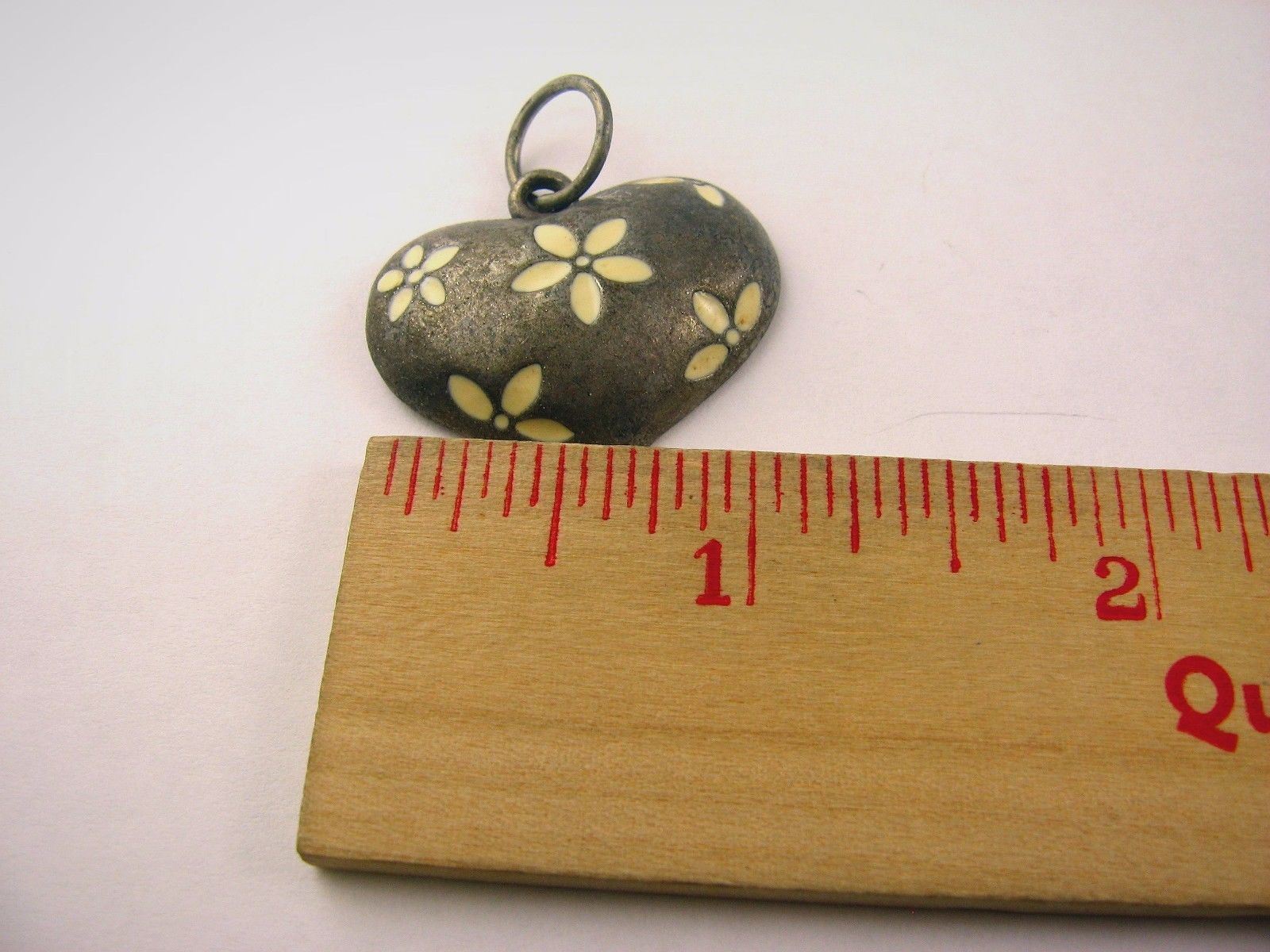 Vintage Heart Pendant Pewter Tone Metal Cream White Enamel Flower Floral Charm