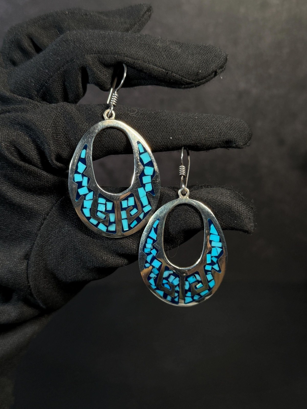 Taxco Sterling Silver Turquoise Chip Inlay Dangle Earrings TC-29
