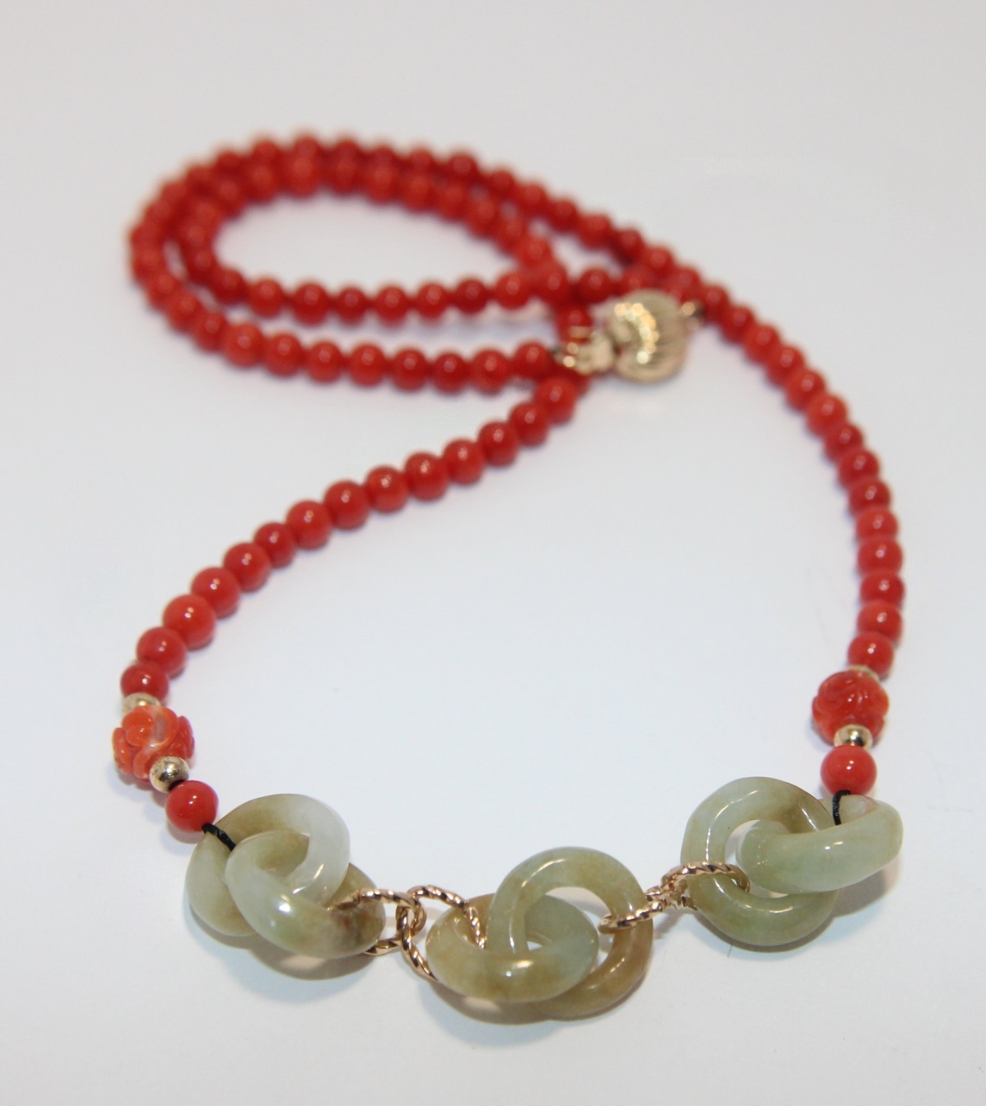 Italian Natural Red Coral Interlocking Jade Necklace