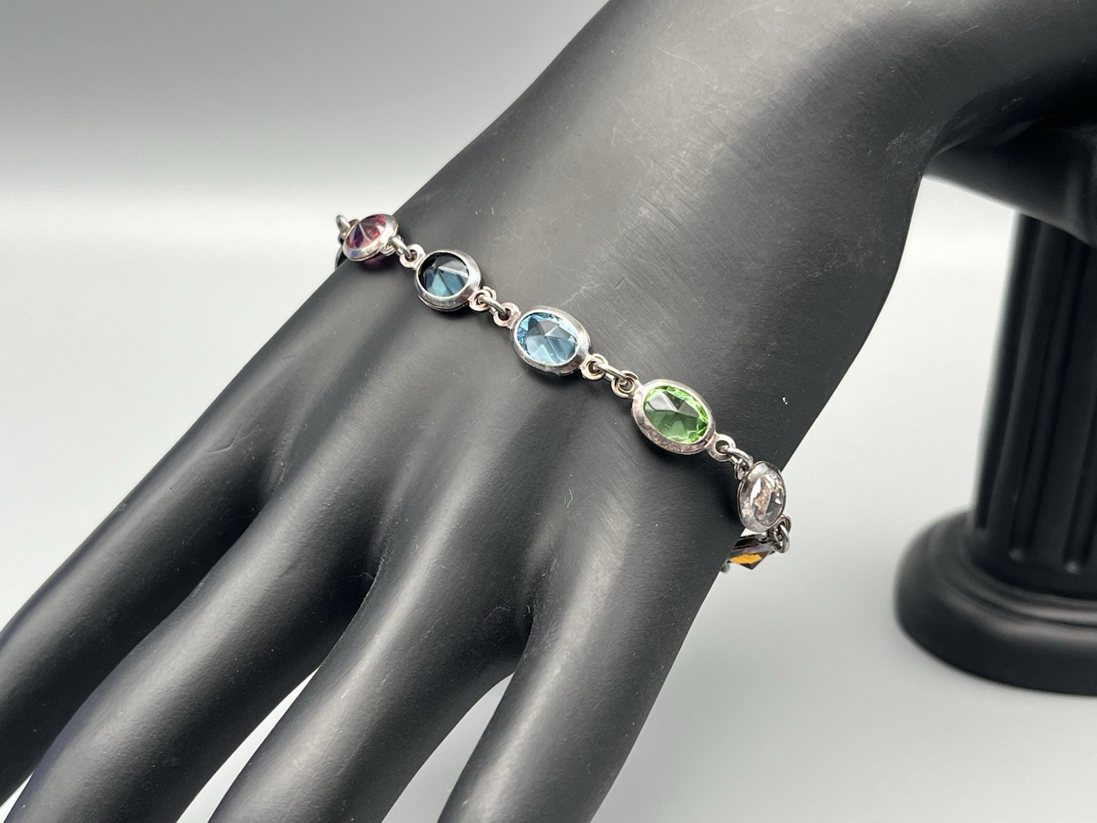 Vintage Silver Plated Multi Color Crystal Bracelet Bezel Oval Rainbow Stones