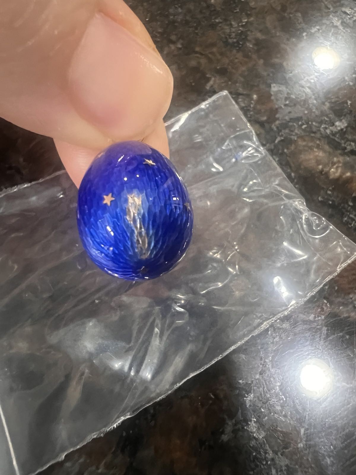Soviet Era Russian 960 Silver & 18K Gold Blue Guilloche Enamel Egg Pendant