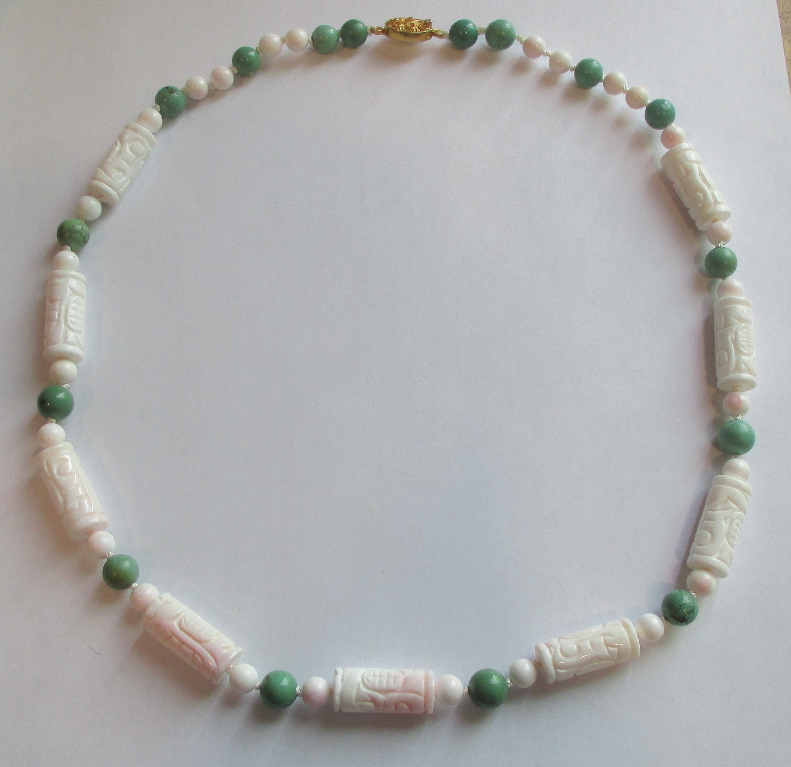 VINTAGE CARVED SHOU BARREL CONCH SHELL CORAL TURQUOISE BEAD NECKLACE STERLING
