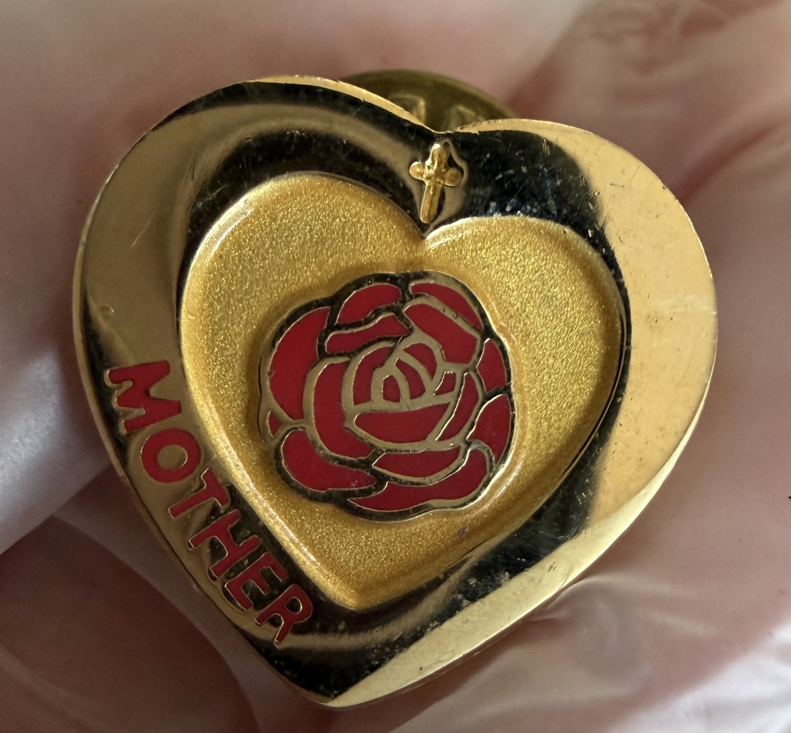 Mother Rose Heart Pin Gold Tone Colored Red Flower Valley Casting Mother’s Day