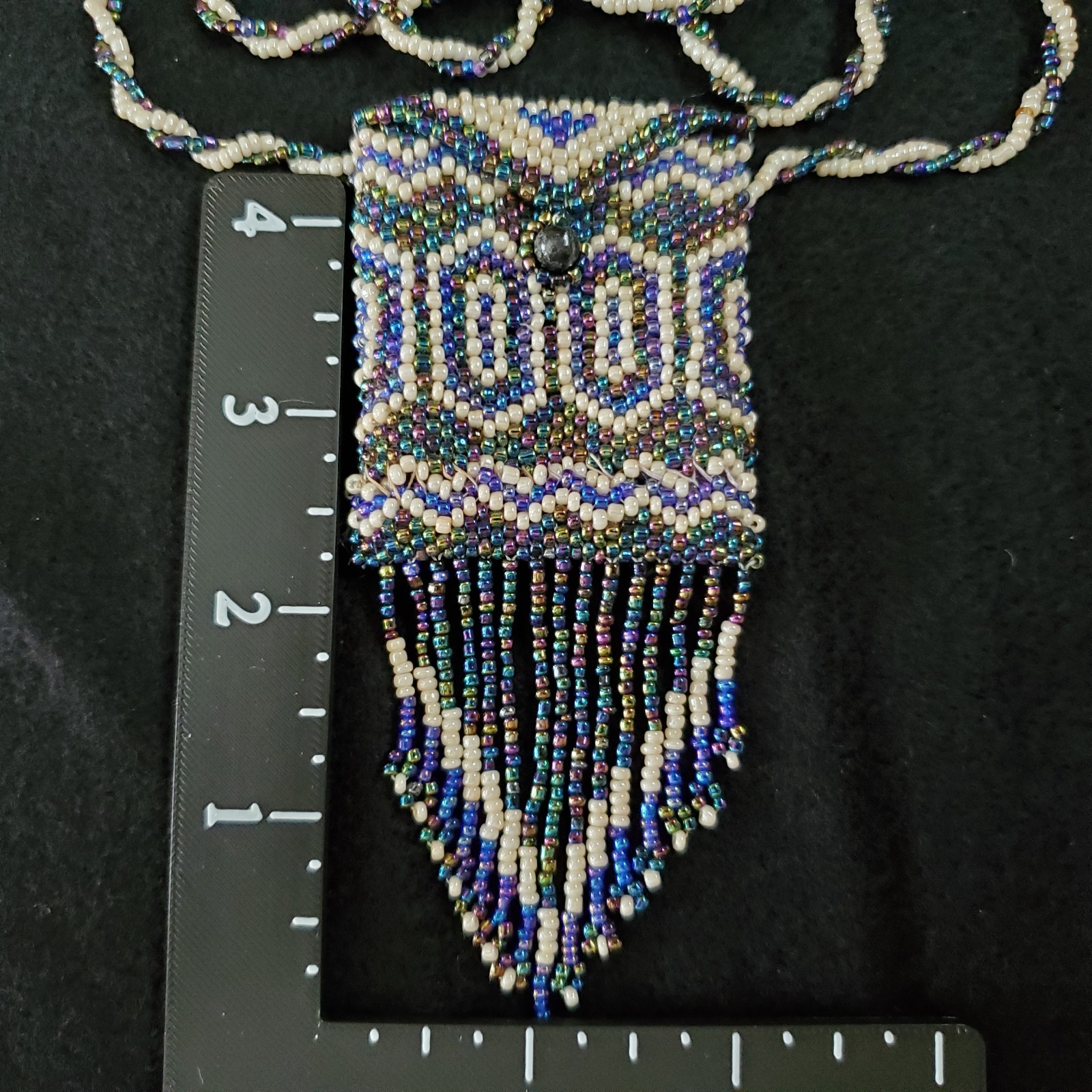 Vintage Mini Purse Necklace Seed Beaded Coin Pouch Artisan Oil Slick 24″ READ