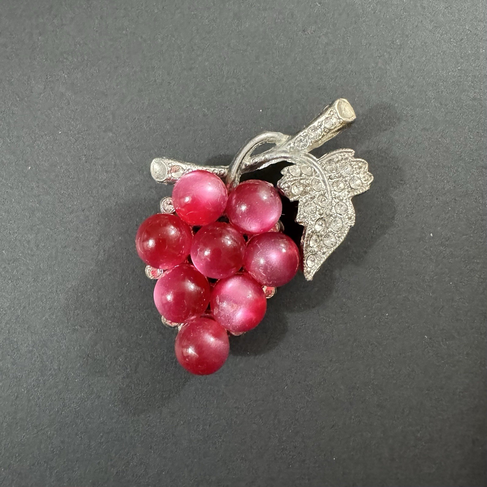 Vintage Coro Style Moonstone Lucite Grape Cluster Rhinestone Leaf Brooch