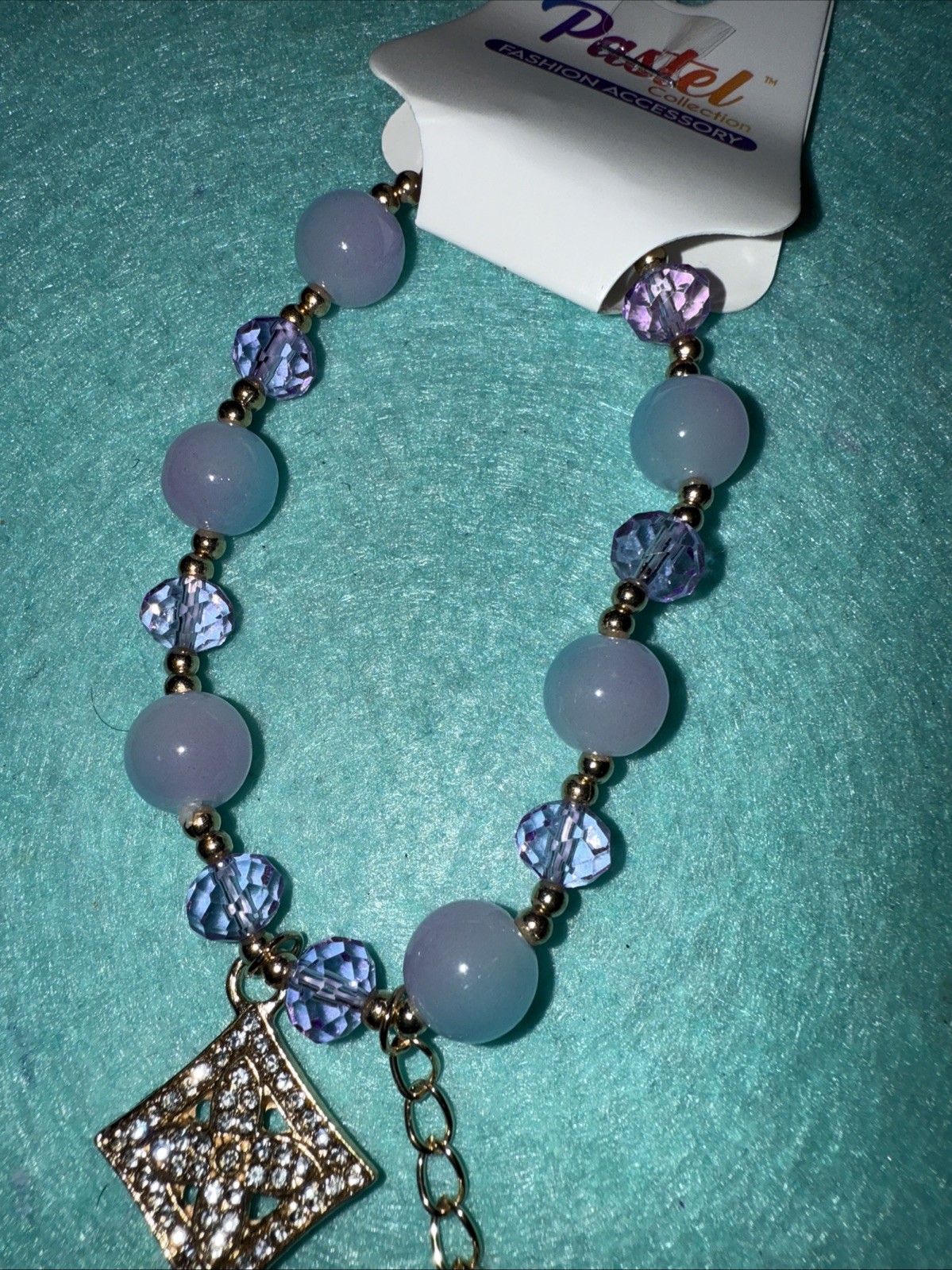 Expandable Marble Blue With Purple Swarovski With Dangling Rhinestone Clover