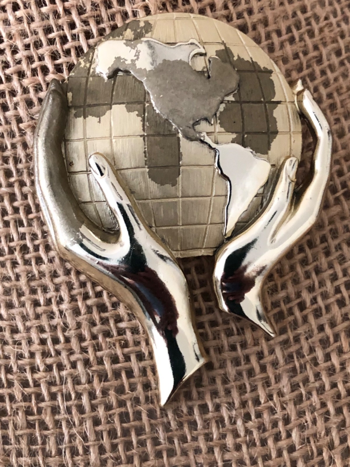 Earth In Hands Gold Tone Brooch ~ Pin Vintage 1980’s – 1990’s