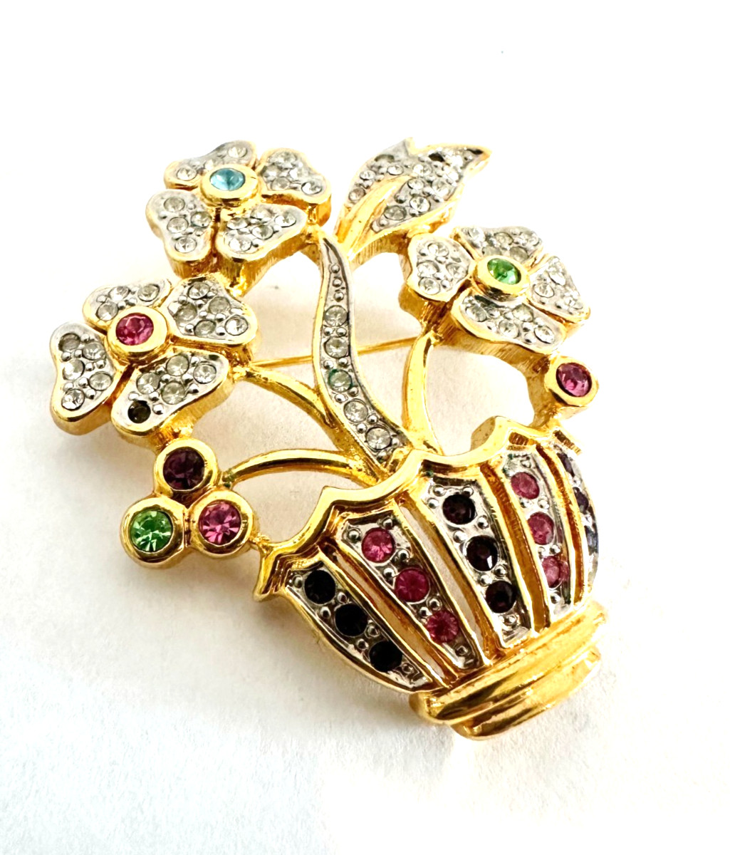 Vintage Rhinestone Flower Basket Brooch Gold Tone Garden Party Aesthetic