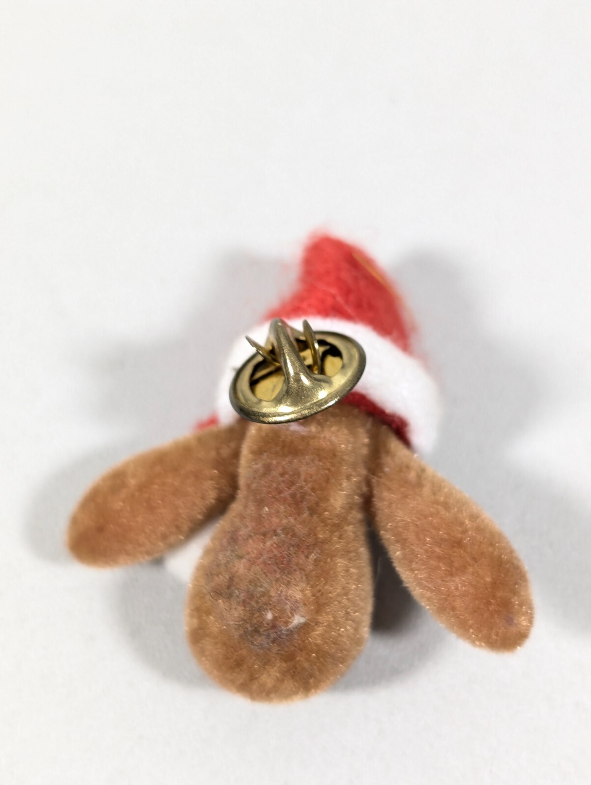 Vintage Fuzzy Christmas Reindeer Pin Brown Red Santa Hat 3D