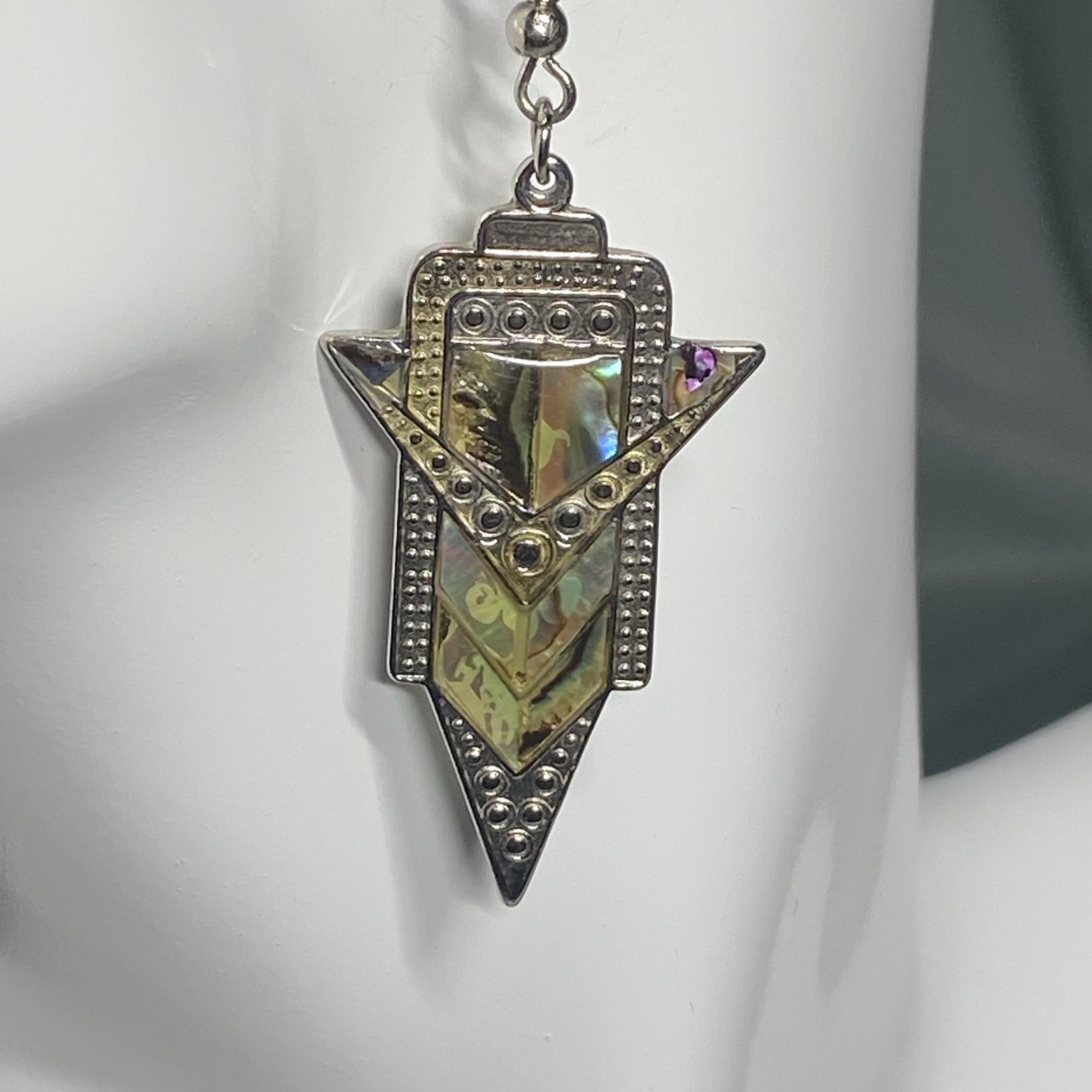 Art Deco Inlaid NZ Pāua Shell on Dangle Earrings 13g, Length Approximately 2”