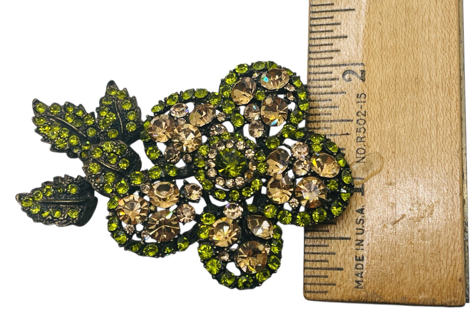 Vintage 1980’s Champagne & Olivine Glam Large Flower Glass Rhinestone Brooch