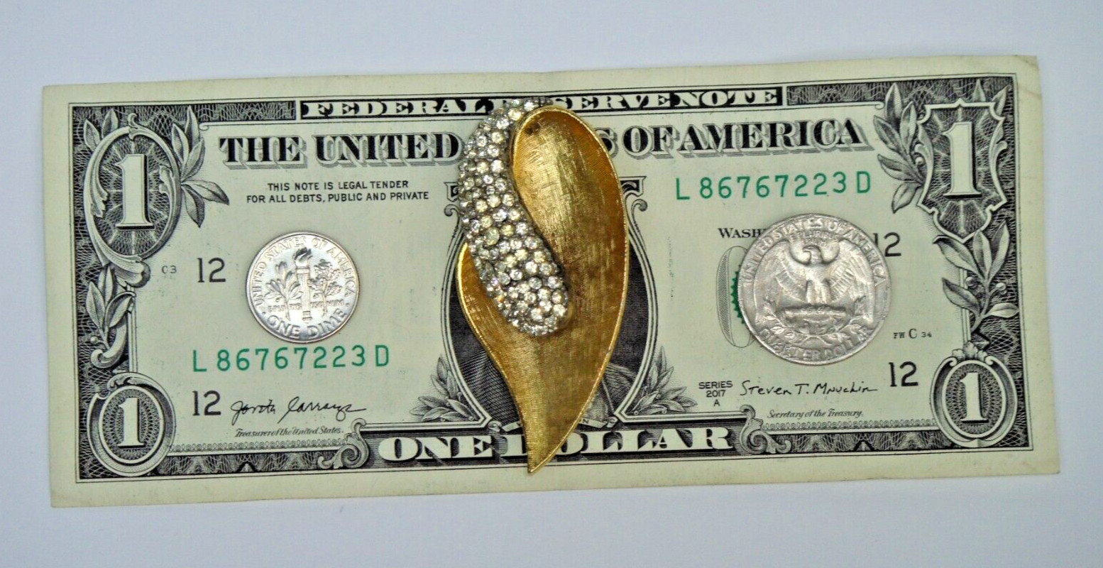 Leaf Pin-Brooch Brushed Yellow Gold-Tone with Crystal Rhinestones Signed B.S.K.