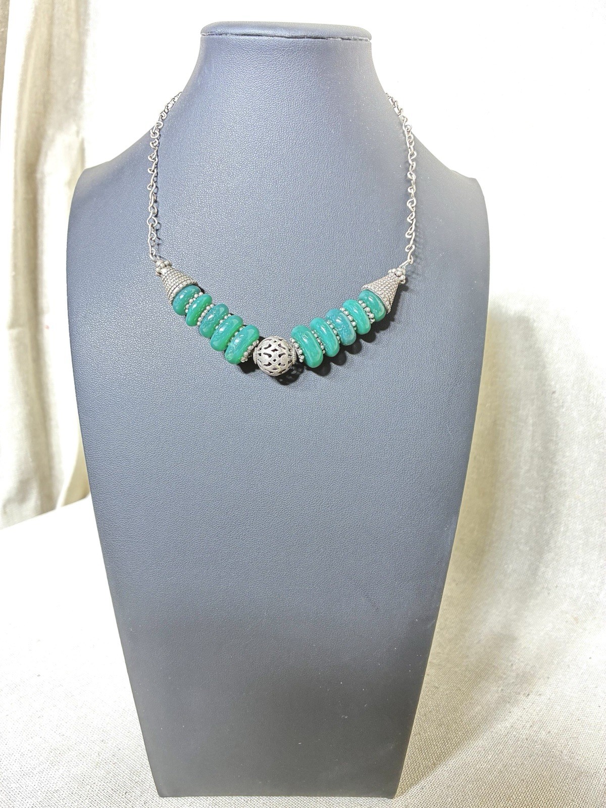 Vintage Moroccan Berber Style Sterling Silver Green Agate Bead Necklace 52g