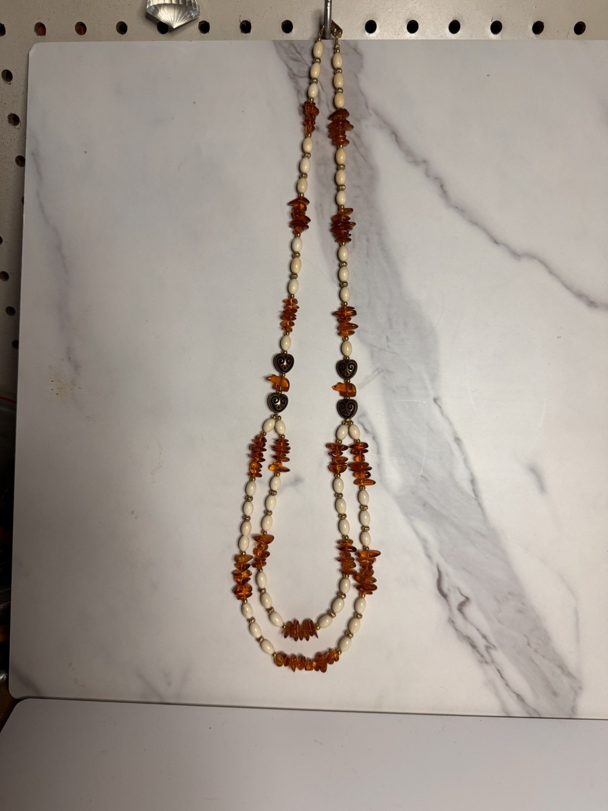 Vintage Lee Sands Double Strand Amber Bead Necklace Heart Spacer Boho Coastal