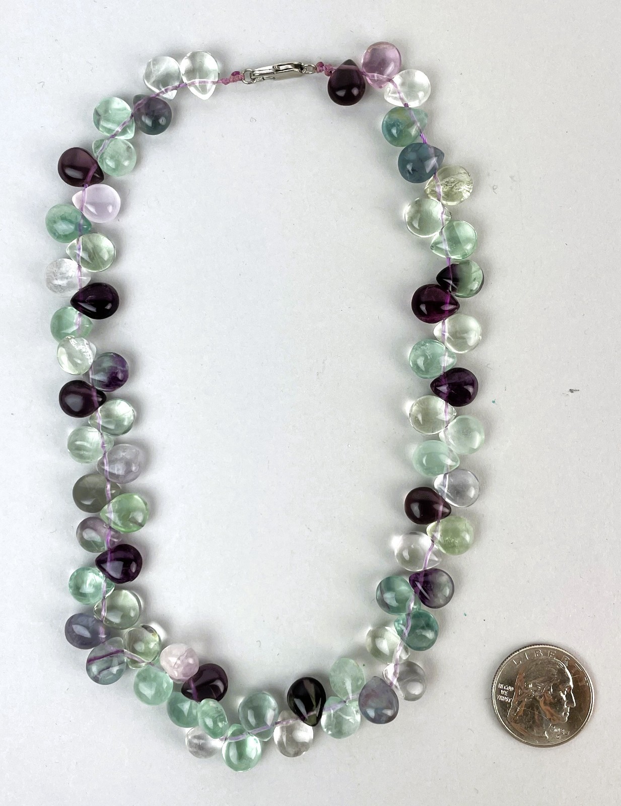 Vintage 90s Purple Green Fluorite Beaded Necklace Sterling Lobster Clasp 16.5″