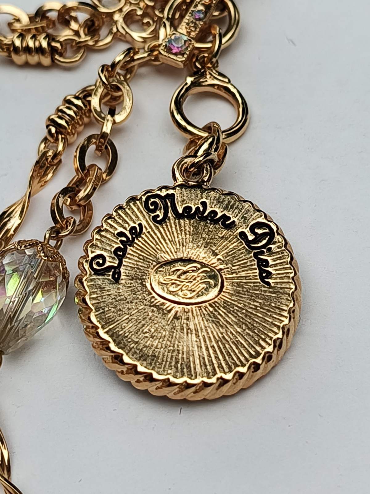 KIRKS FOLLY Angel Irade scent Love Never Dies Pendant AB Gold Tone 27″ Necklace