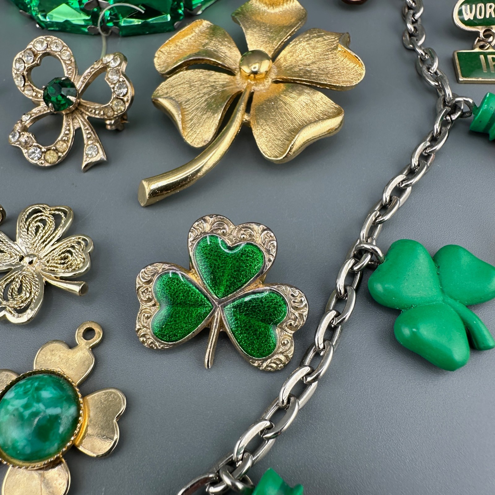 Vintage St. Patricks Day Jewelry Lot Shamrock Brooches Leprechaun Necklace Rings