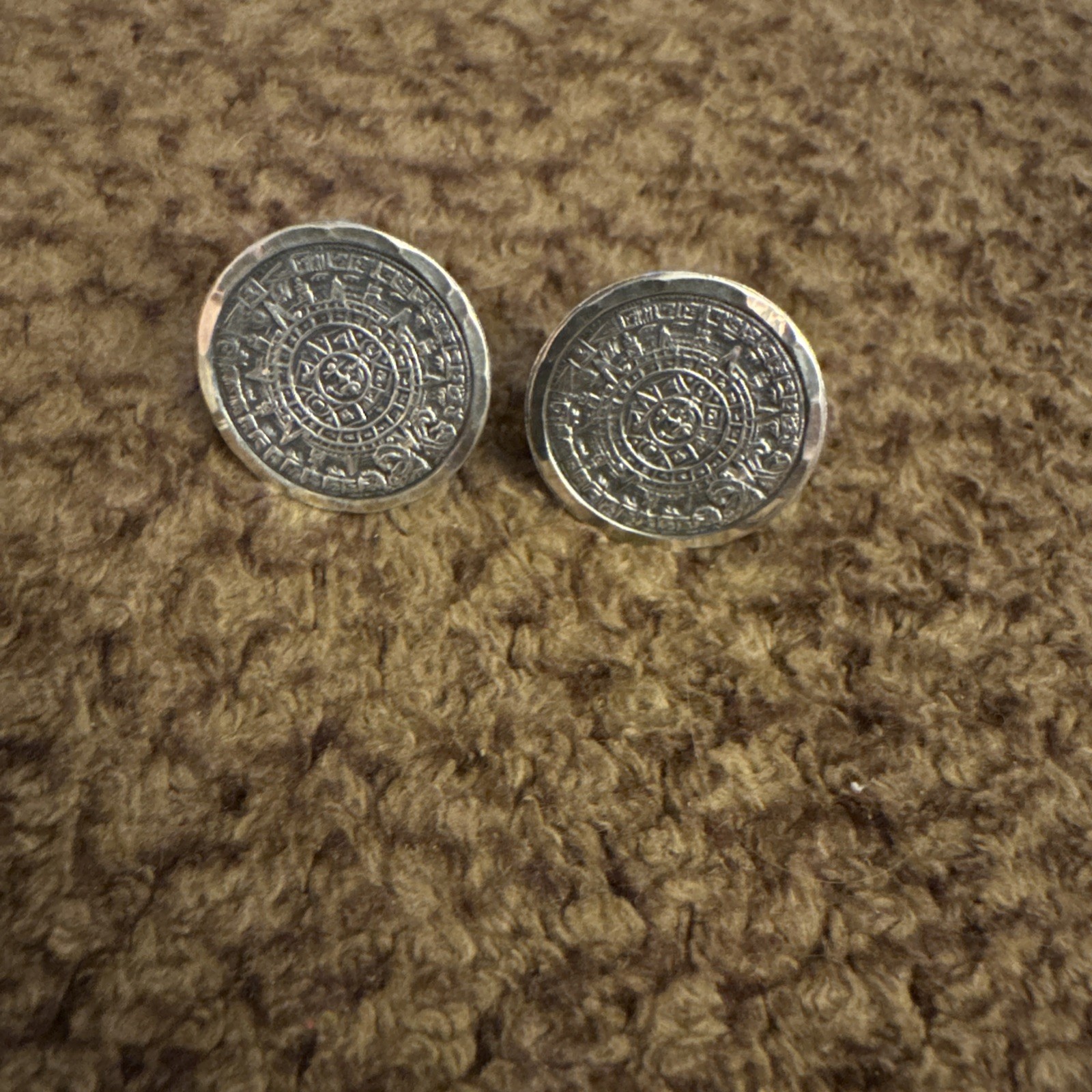 Vintage 925 Sterling Earrings Aztec Mayan Calendar Screw Back