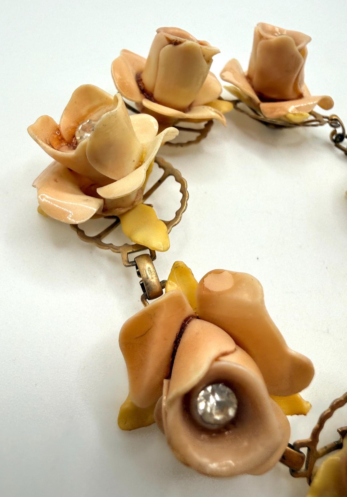 Vintage muted pink celluloid rose rhinestone bracelet