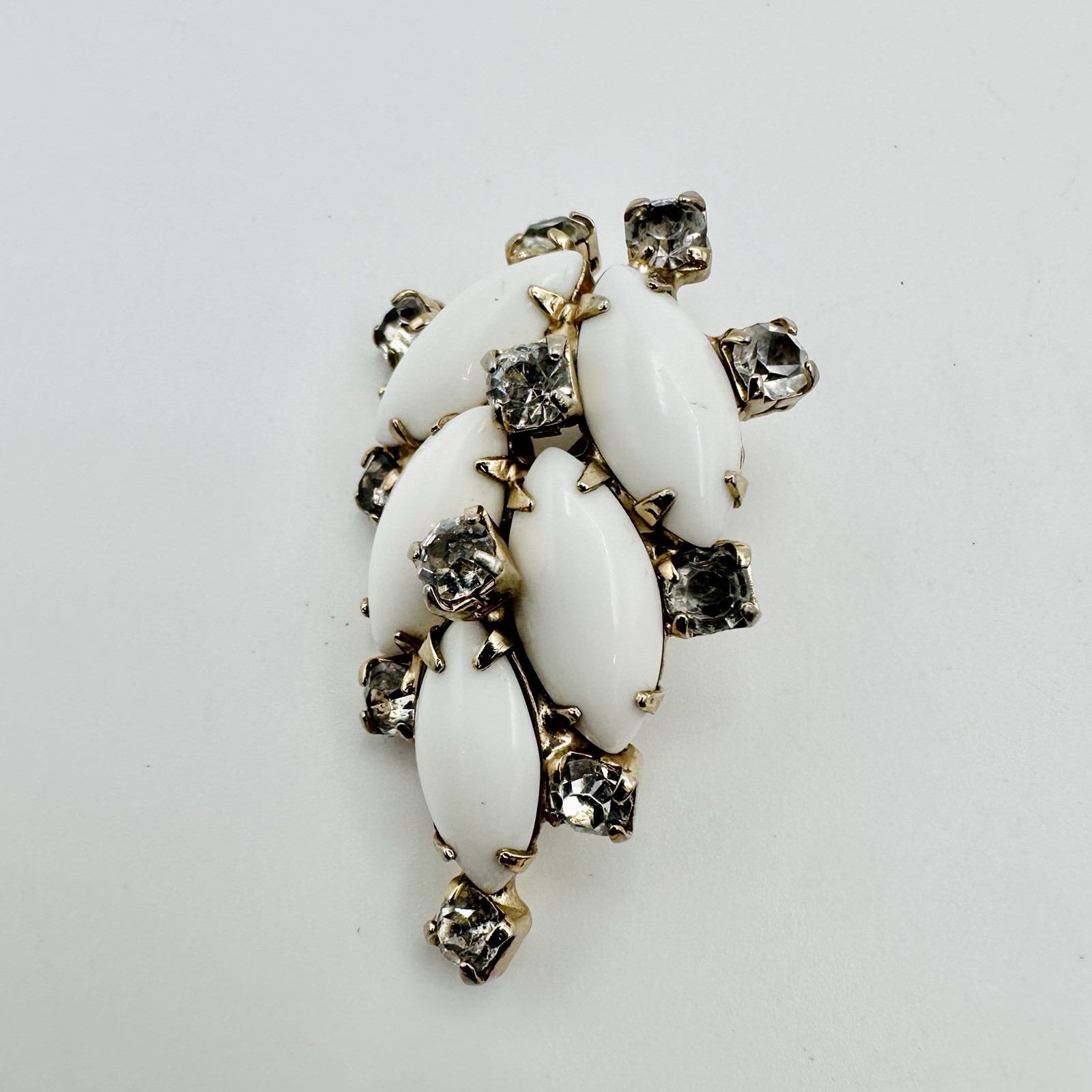 Vintage White Milk Glass Navette Rhinestones Fanned Leaf Clip Earrings Gold Tone